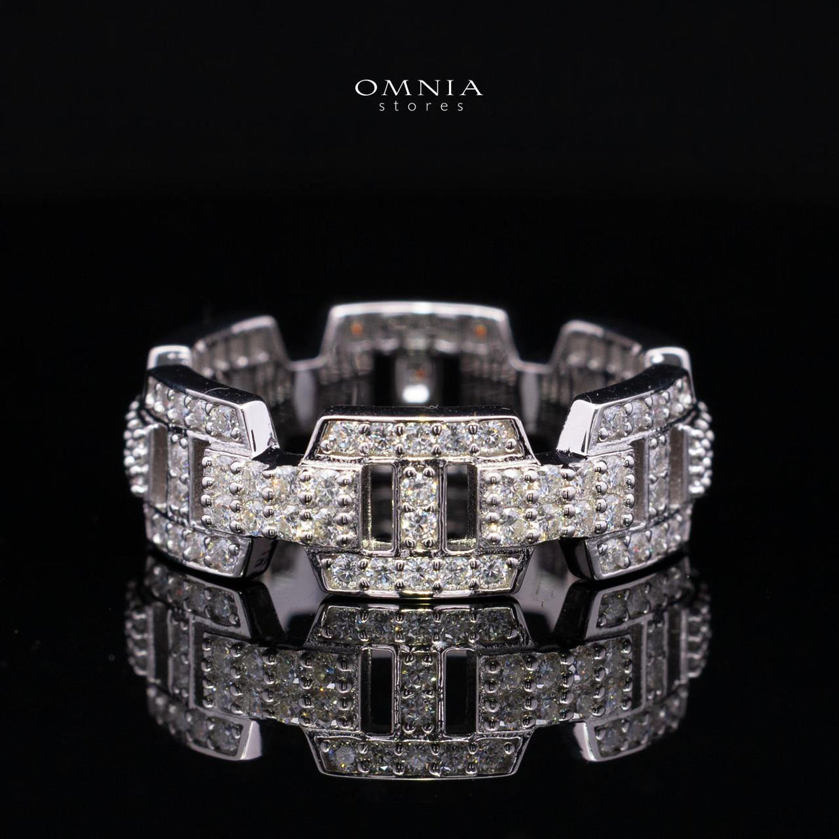 Alessia White Moissanite Modern Chain-Link Stone-Set Ring – Rhodium-Plated 925 Sterling Silver