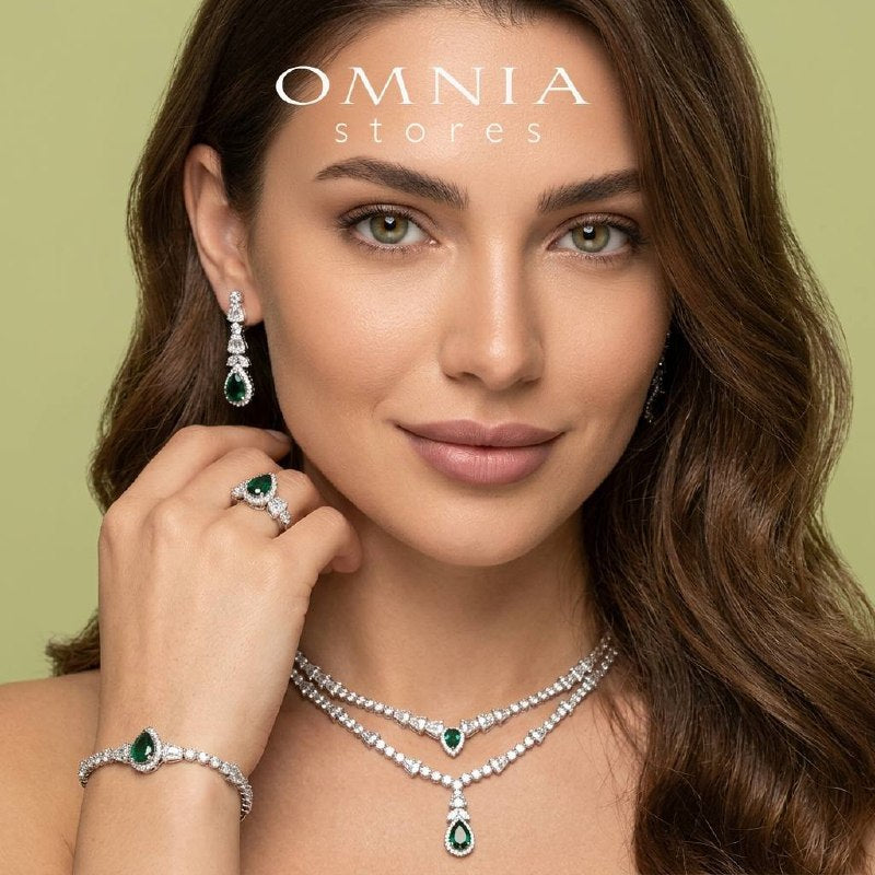 Omnia Ethereal Green Drop-Down Pear Shape Full Set in Rhodium Plated