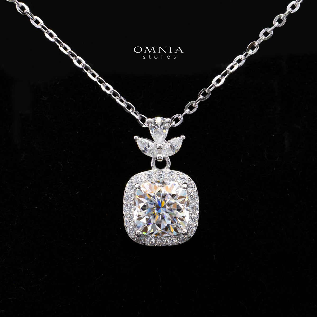 Jennifer White Moissanite Necklace and Earring Set in 925 Sterling Silver – Cushion Halo Floral Drop