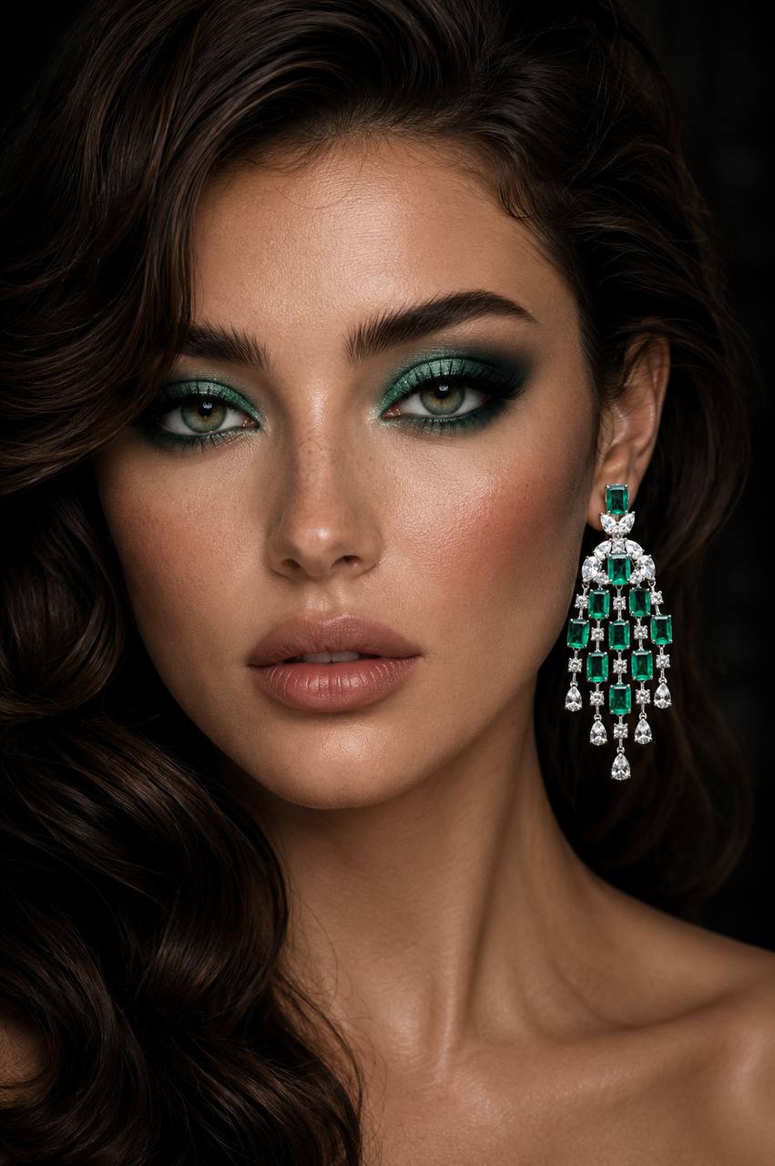 Omnia Israa Green Chandelier Earrings In 92.5 Silver High Quality Simulated diamonds