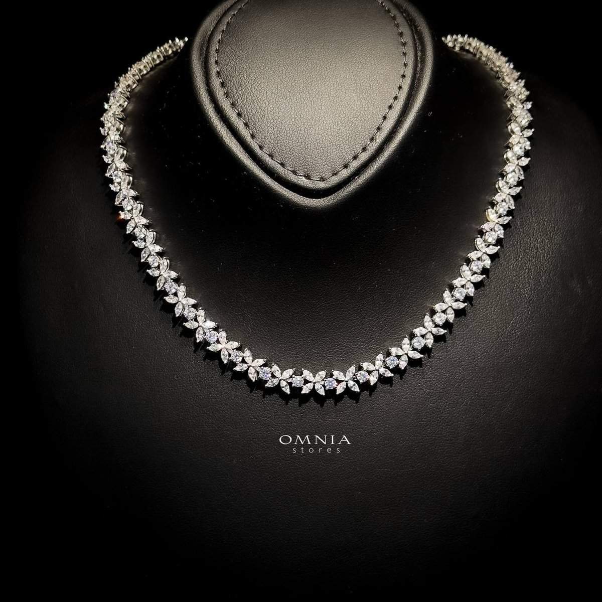 Omnia Lamara Floral-Inspired Necklace 41cm in 925 Silver with High Quality Iced Cut Stones