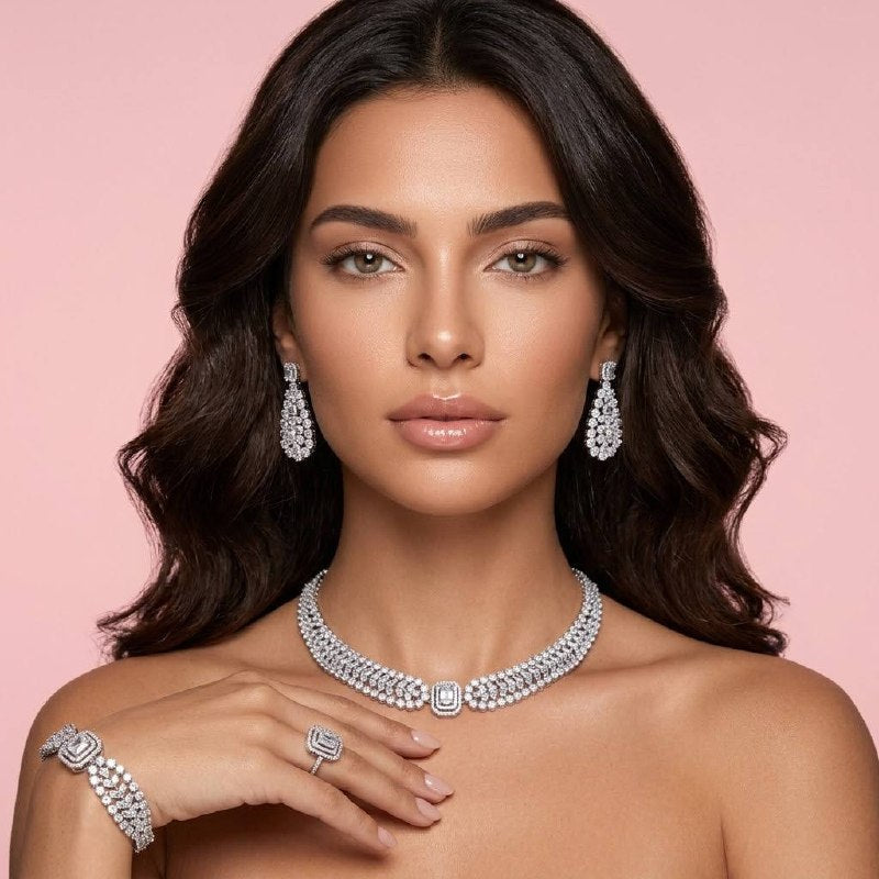 Marcella White Bridal Jewelry Set Premium Rhodium-Plated High-Quality Zircon Stones