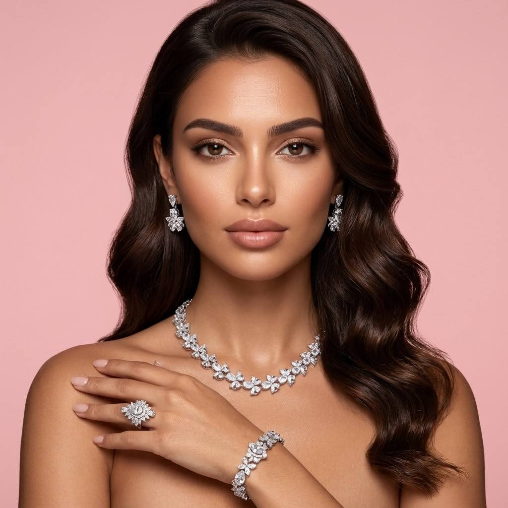Omnia Muna White Bridal Full Set in High Quality Simulated Diamonds