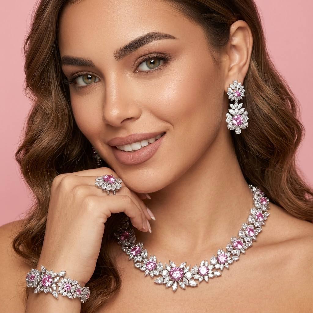 Omnia Nareen Pink Bridal Full Set in High Quality Zircon Stone Rhodium Plated