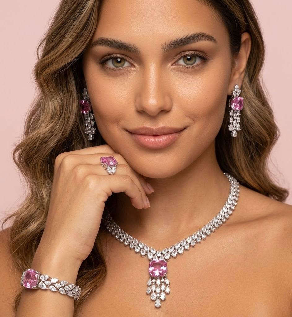 Nazaha Bridal Full Set in Rhodium Plated with High Quality White and Pink Zircon Stones