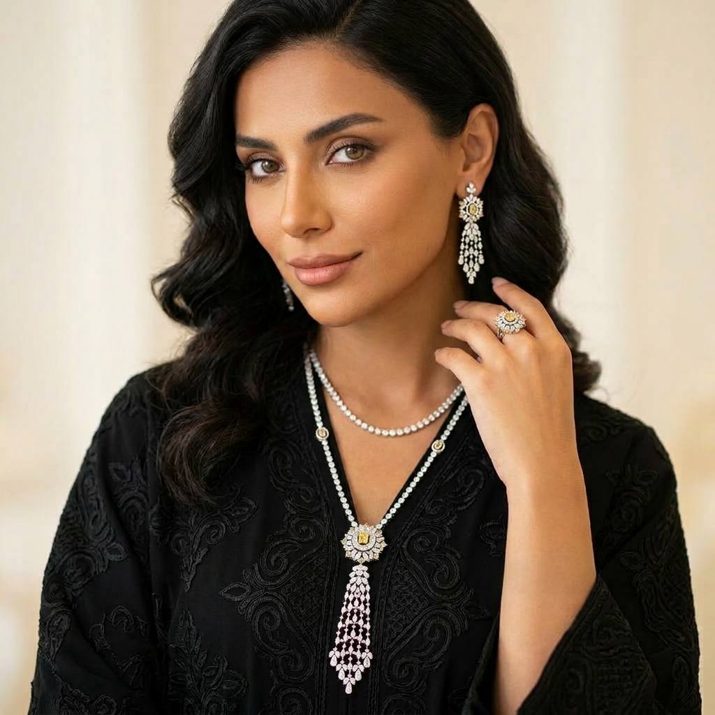 Omnia Ola Dark Yellow Bridal Long chain Set Accessories in High Quality Zircon Stone Rhodium Plated