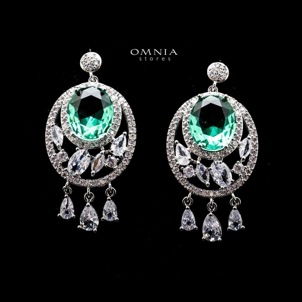 Omnia Rola Emerald Drop Earrings with White Zircon Accents in High Quality Rhodium Plated - OMNIASTORES UAE