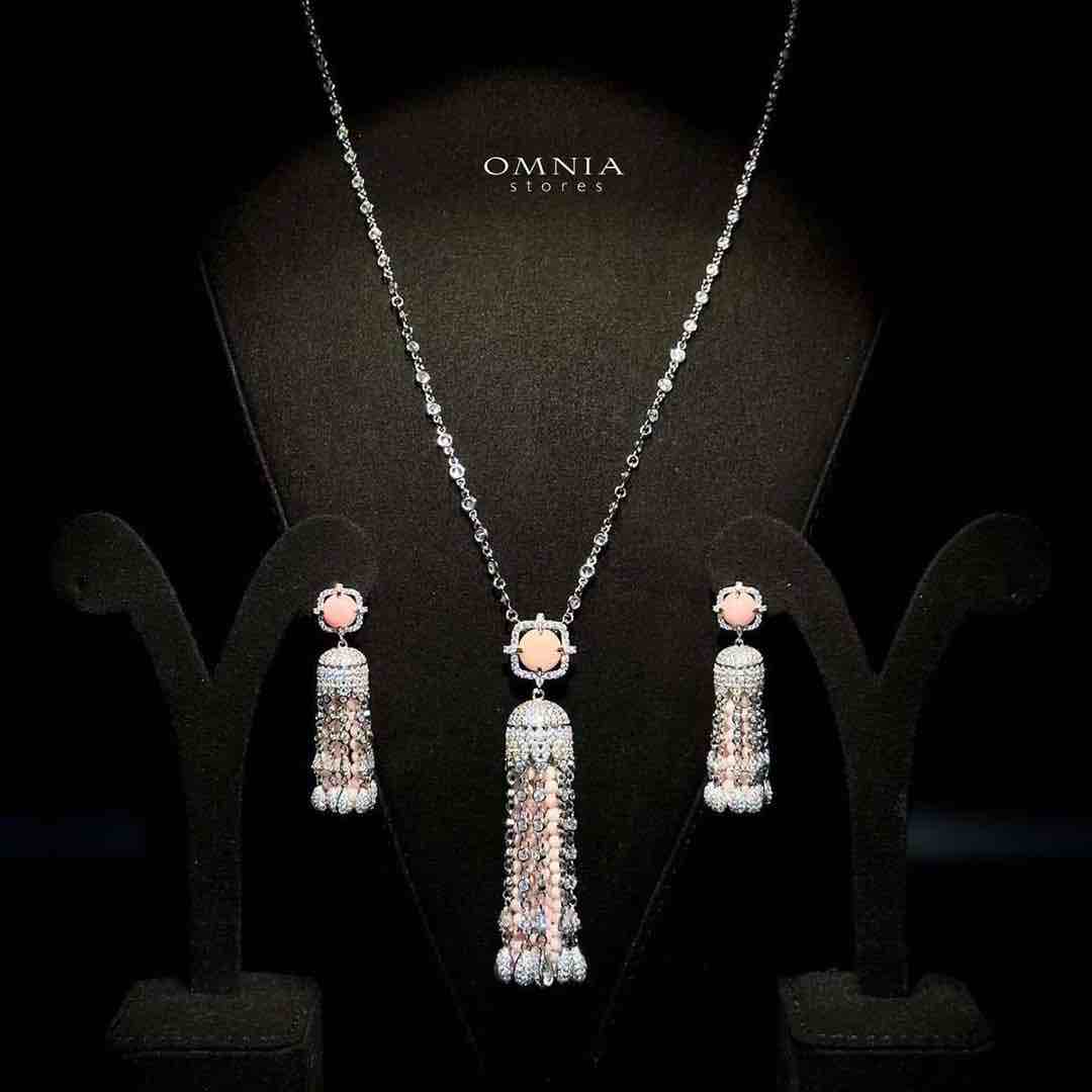 Omnia Yasmin Pink Long Chain Tassel Necklace &amp; Earrings in 925 Silver with High Quality Simulated Diamonds