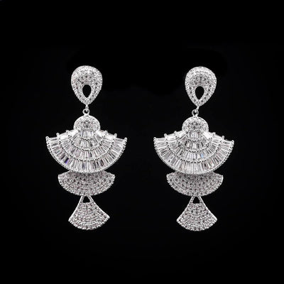 Omnia White Fan Design Drop Earrings with High-Quality Zircon Stones in Rhodium Plated