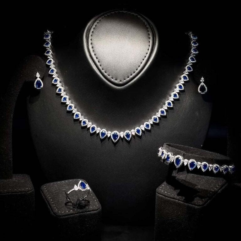 Sundus Blue Bridal Full Set – Premium Rhodium Plated with High-Quality Zircon Stones