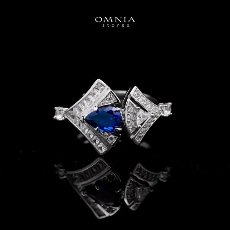 Omnia Elizabeth Sapphire Grace Bridal Full Set with Pear and Round Cut High-Quality Simulated Diamonds and Blue Gemstones in a Luxurious Rhodium Plated Finish