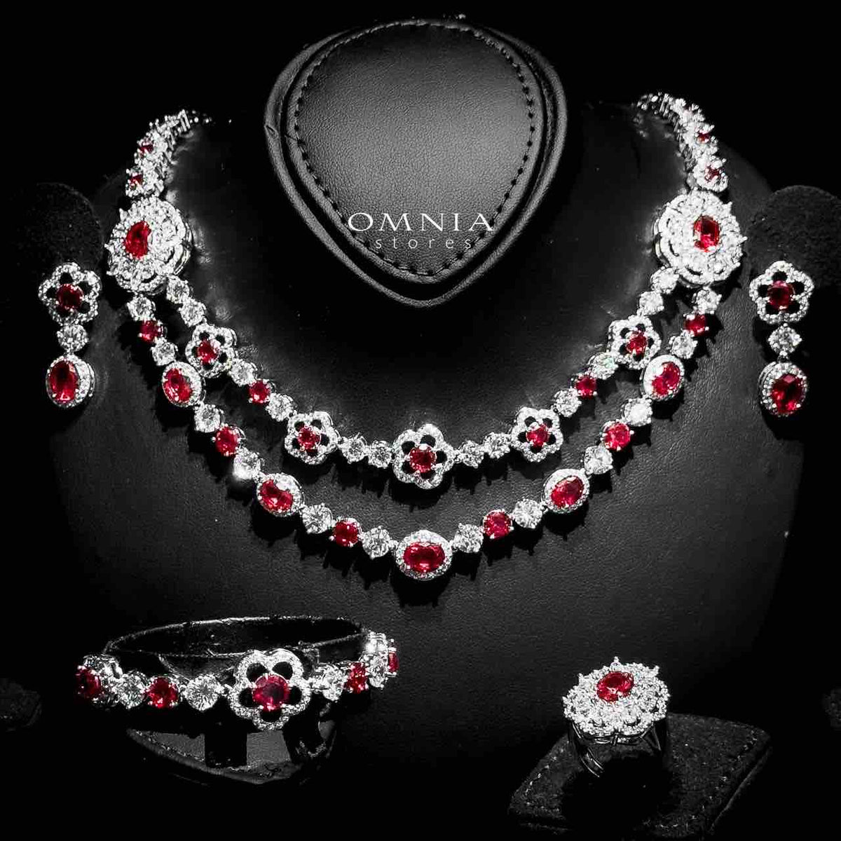 Omnia Esra Red Full Set in High Quality Zircon Stone Rhodium Plated - OMNIASTORES UAE