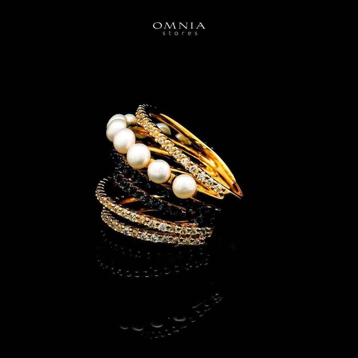 Omnia Inaya Golden Fresh Real Water Pearl Ring In 925 Silver High Quality Simulated Diamonds - OMNIASTORES UAE