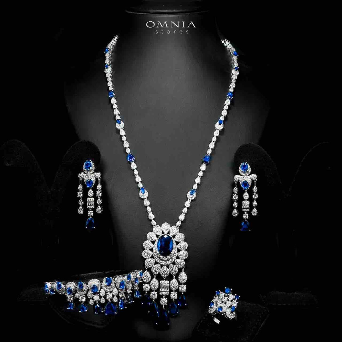 Omnia Aleya Blue Bridal Full Long chain Set in High Quality Simulated Diamonds Rhodium Plated - OMNIASTORES UAE