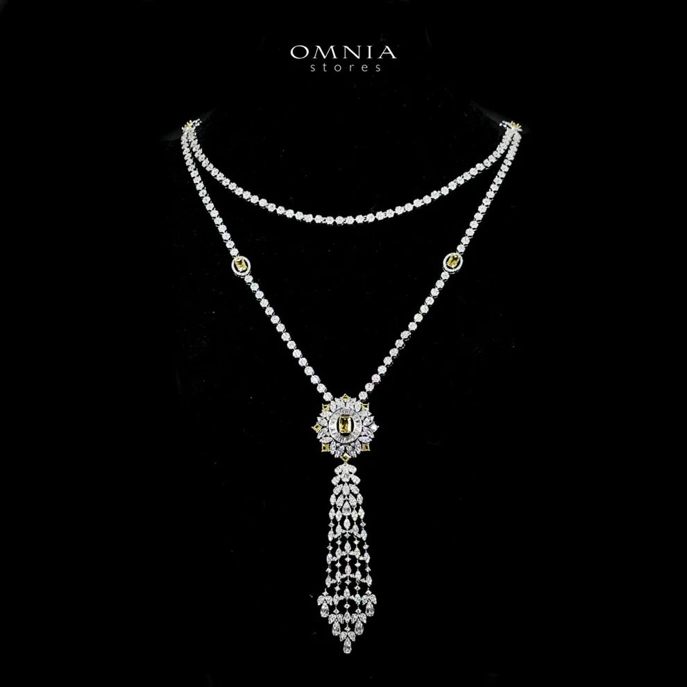 Omnia Ola Yellow Bridal Long chain Set Accessories in High Quality Zircon Stone Rhodium Plated