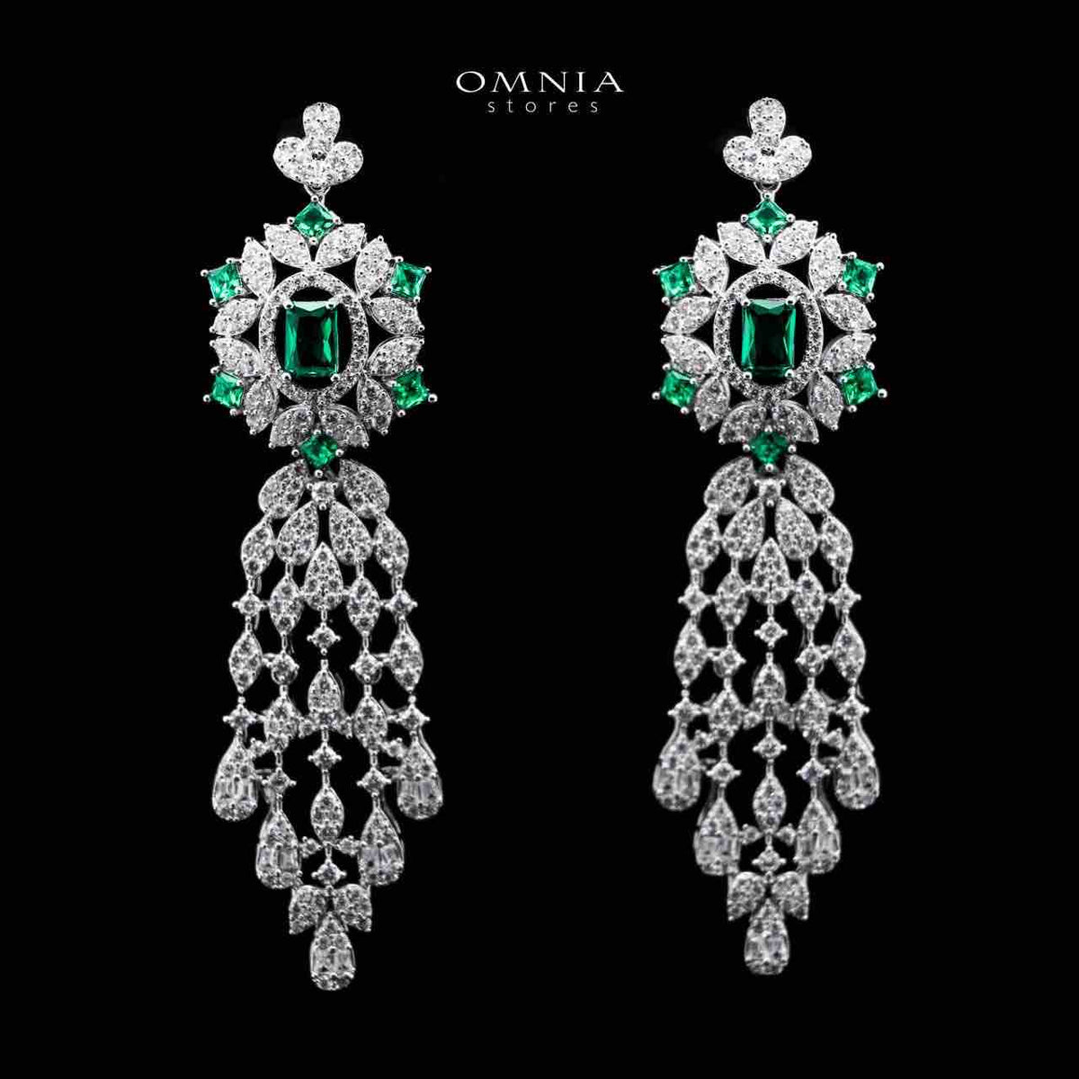 Omnia Ola Green Bridal Long chain Set Accessories in High Quality Zircon Stone Rhodium Plated - OMNIASTORES UAE