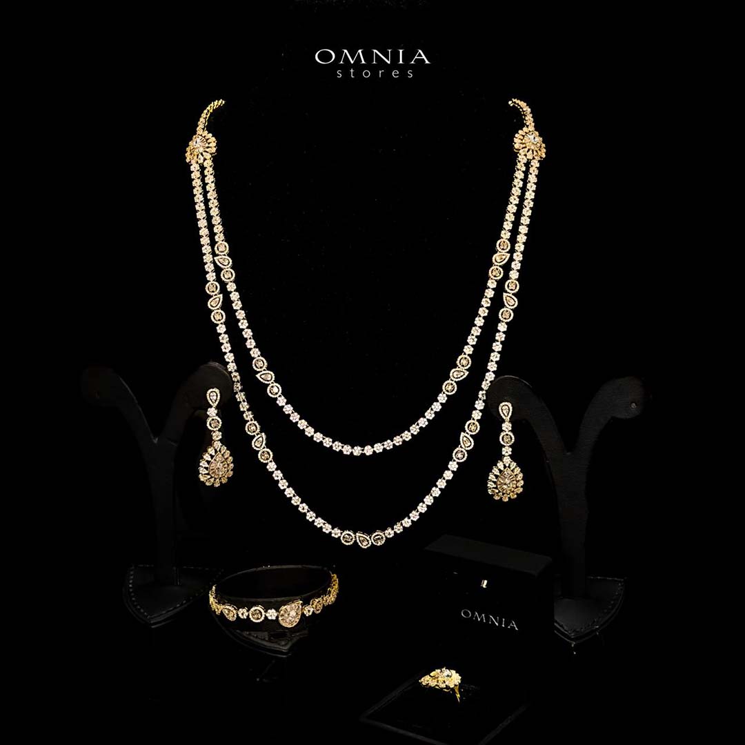 Omnia Ahad Bridal Golden Long Chain Set In Rhodium Plated With High Quality Zircon Stones