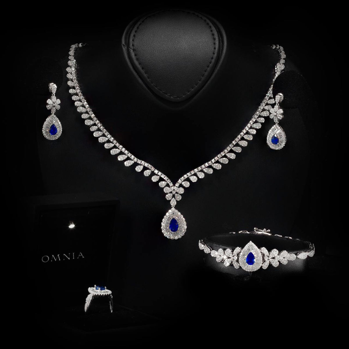 Omnia Sophia Blue Teardrop Bridal Full Set in 925 Silver with High Quality Simulated Diamonds - OMNIASTORES UAE