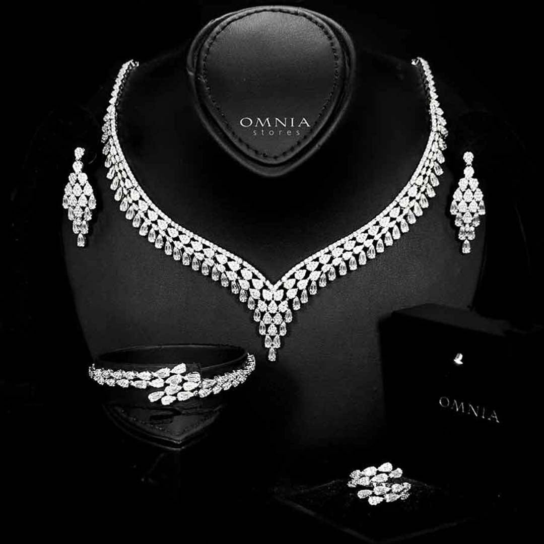 Omnia Dalilah White Luxury Bridal Full Set In Rhodium Plated with High Quality Zircon Stones