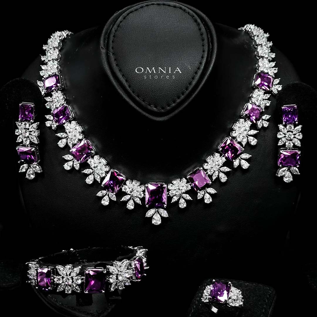 Omnia Charlotte Purple Bridal Full Set with Emerald and Pear-Cut High-Quality Simulated Diamonds Rhodium Plated - OMNIASTORES UAE