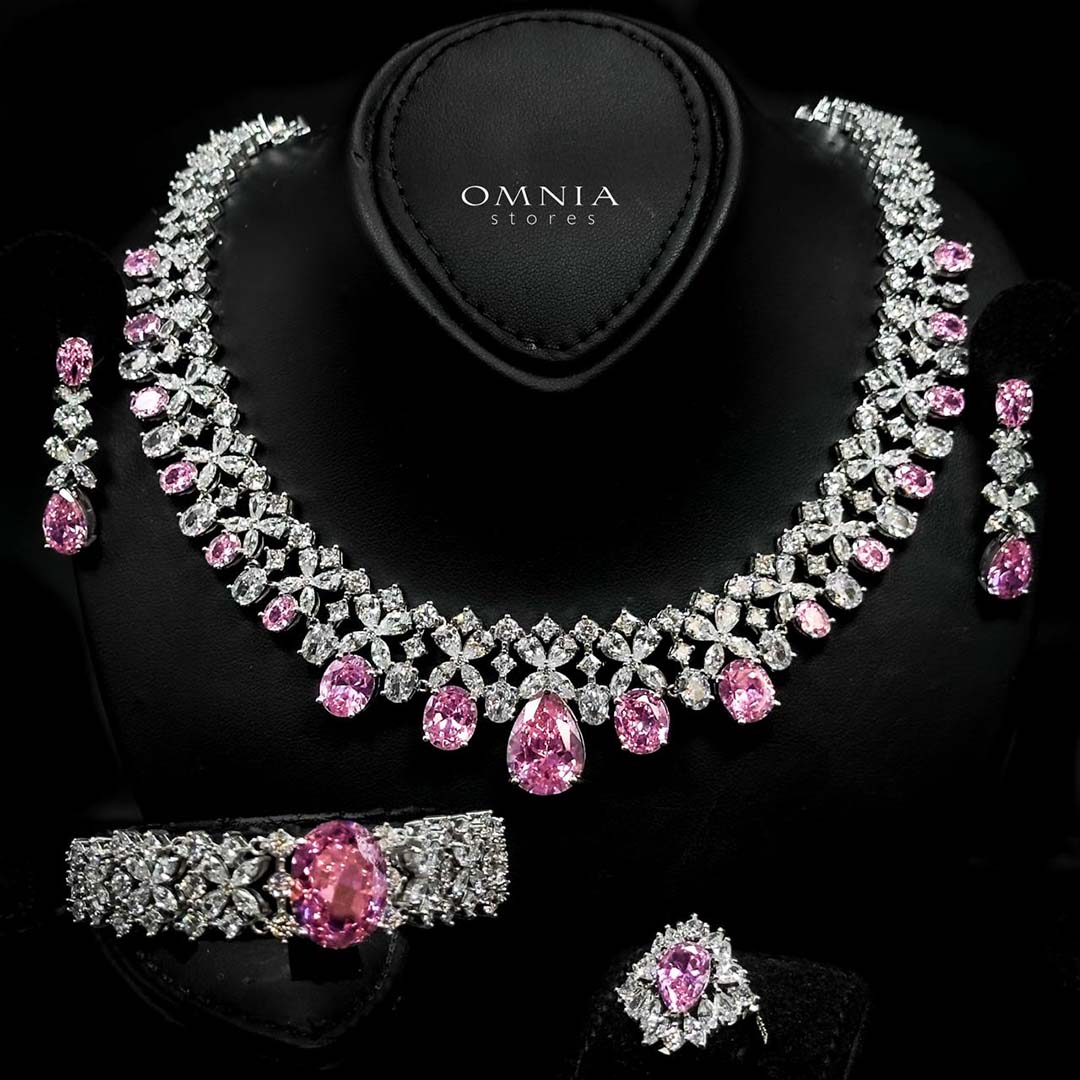 Omnia Suhana Pink Bridal Full Set with High-Quality Simulated Diamonds Rhodium Plated - OMNIASTORES UAE