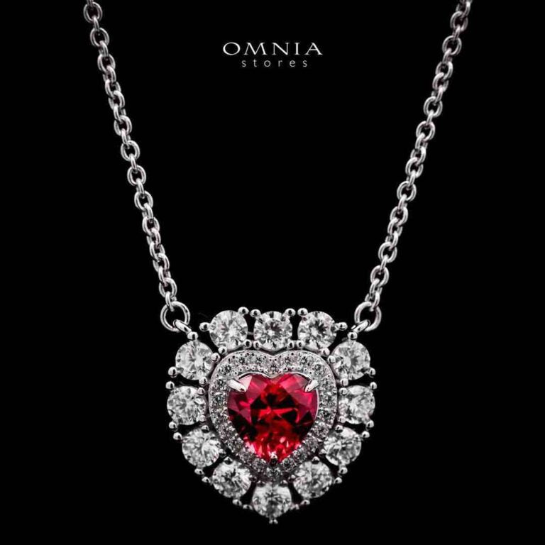 Omnia Lulwaan Silver Heart Shape Necklace In 925 Silver High Quality GRC Certified Red Lab Grown Ruby Stones