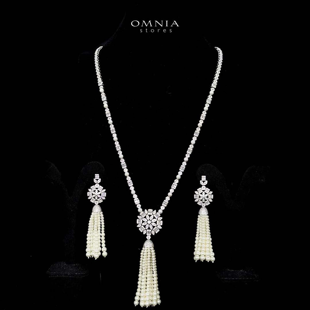 Omnia Khawlah White Bridal Long-Chain Pearl Necklace & Earrings Set – High-Quality Zircon Stones, Rhodium Plated
