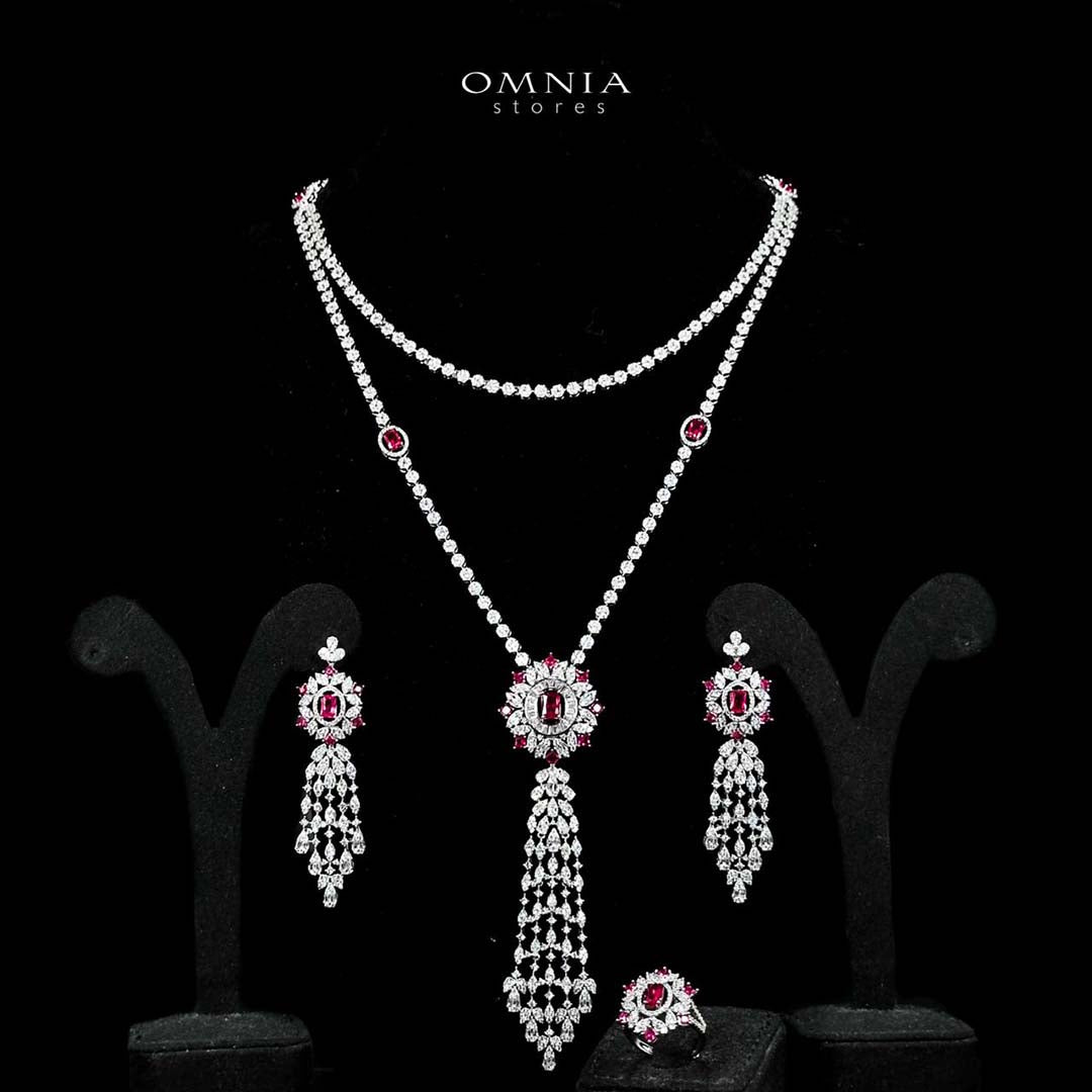 Omnia Ola Red Bridal Long chain Set Accessories in High Quality Zircon Stone Rhodium Plated - OMNIASTORES UAE