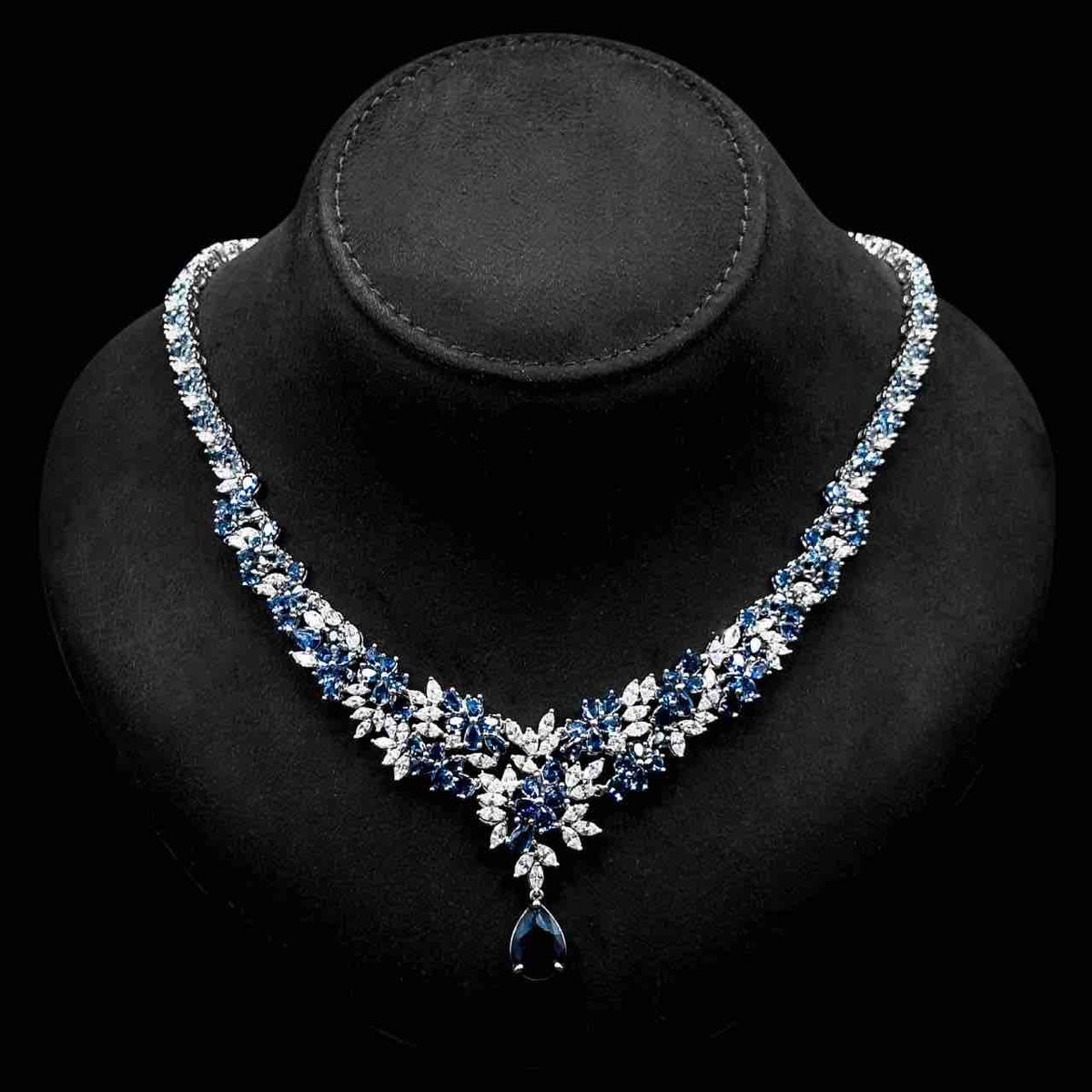 Omnia Nourah Blue Bridal Full Set in High Quality Zircon Stone in Rhodium Plated - OMNIASTORES UAE