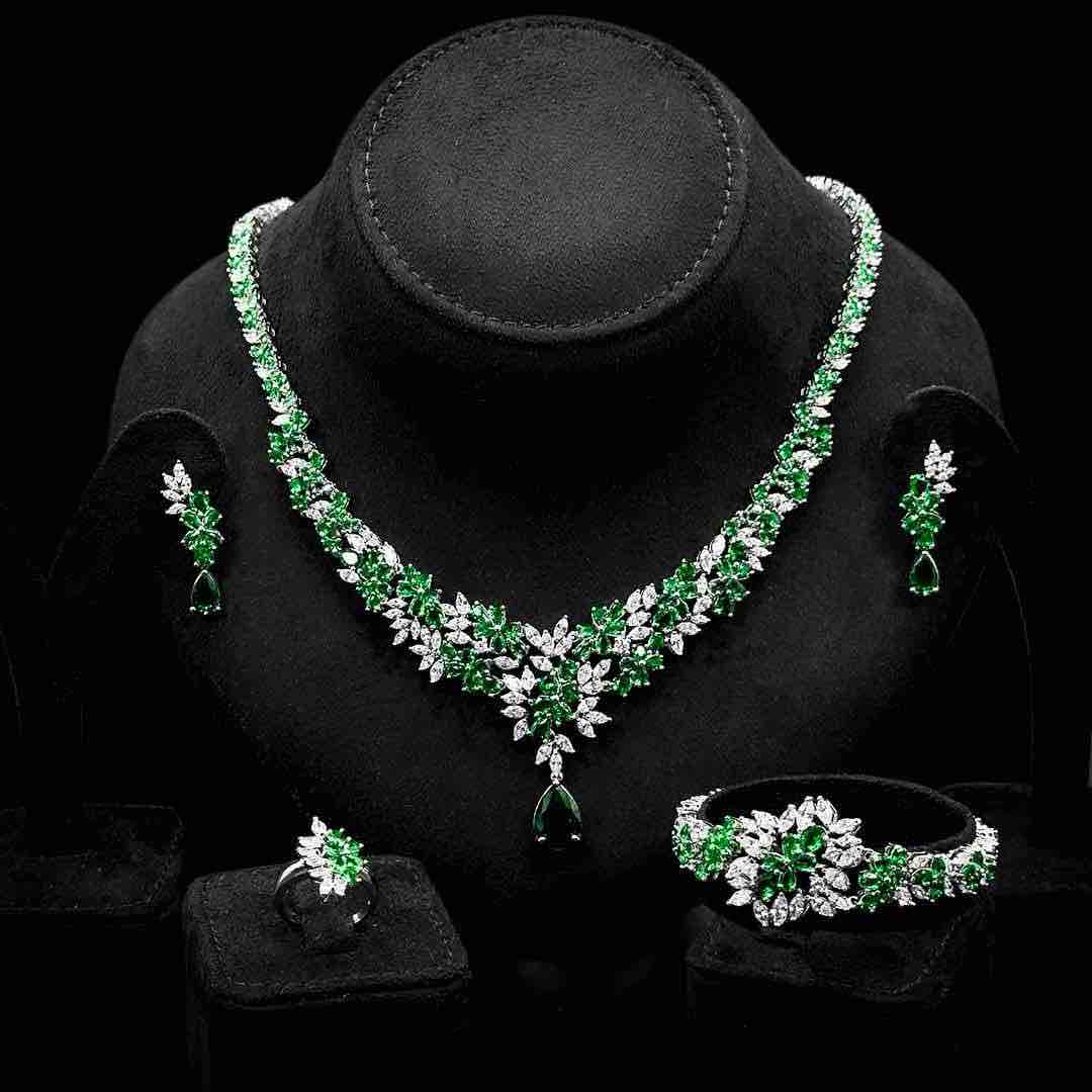 Omnia Nourah Green Bridal Full Set in High Quality Zircon Stone in Rhodium Plated - OMNIASTORES UAE
