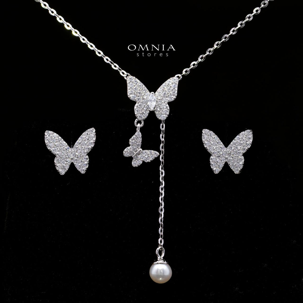 Daniella Butterfly Necklace with Pearl Drop & Earrings Set in 925 Sterling Silver with Premium Cubic Zircon Stones