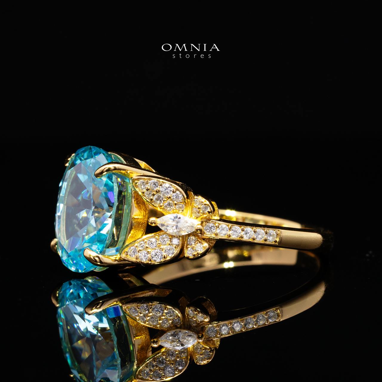 Maysun Baby Blue Gold-Plated Ring in 925 Silver with Premium Simulated Diamonds