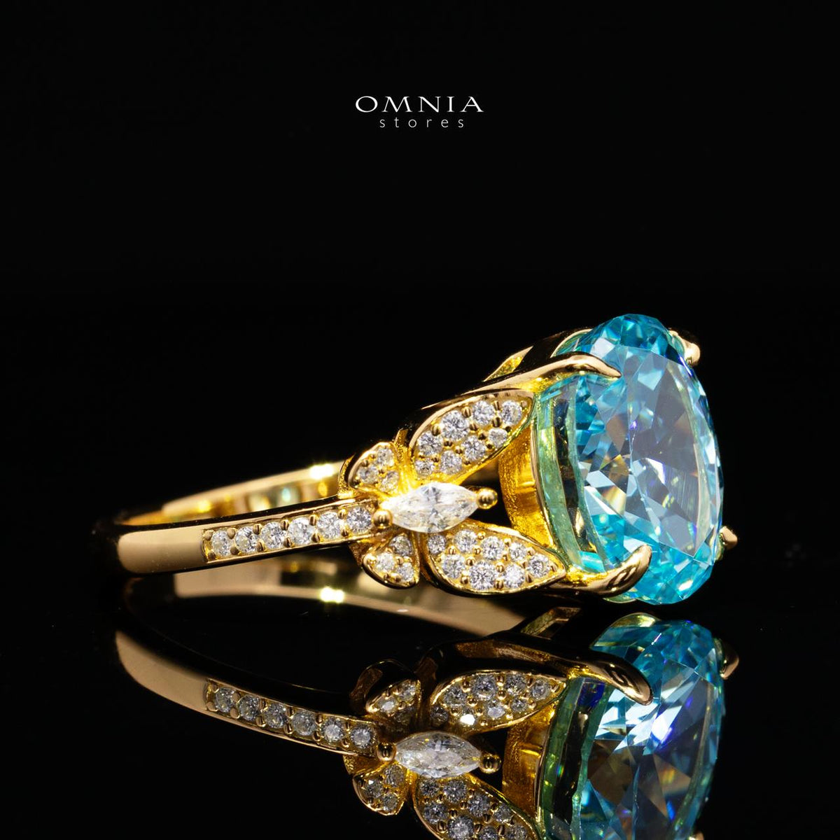 Maysun Baby Blue Gold-Plated Ring in 925 Silver with Premium Simulated Diamonds