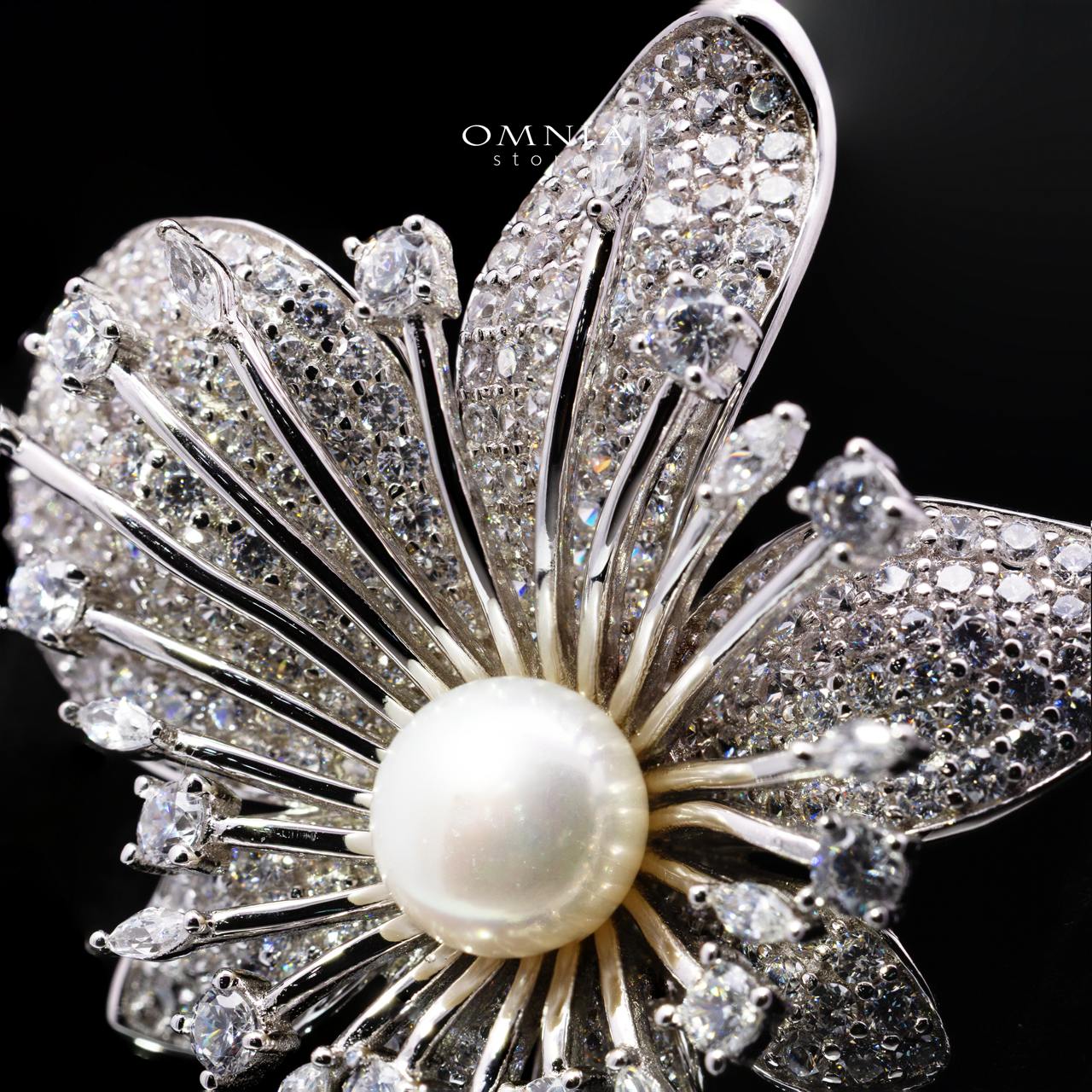Eryndra White Pearl Flower Brooch with Premium Simulated Diamonds in 925 Silver
