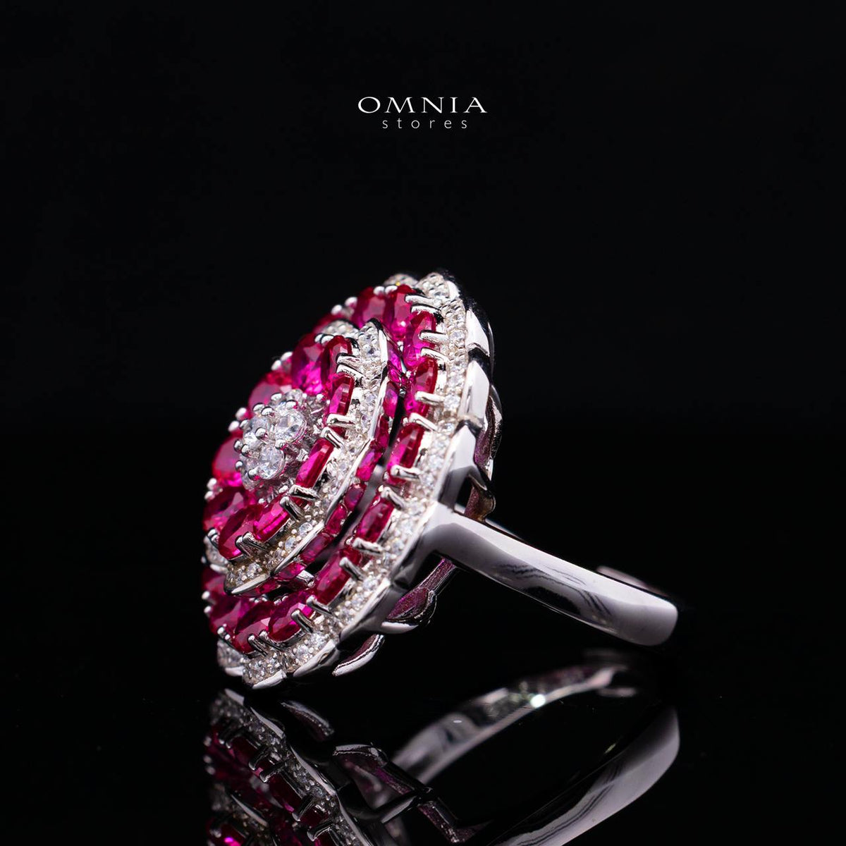 Omnia Nayeli Floral Halo Ring with Ruby Red Simulated Diamonds in 925 Silver