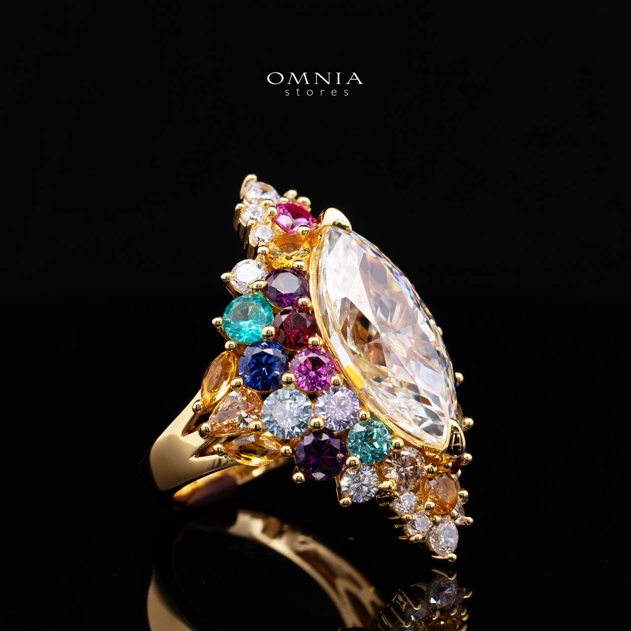 Azelene Royal Marquise Cut Ring with Simulated Diamonds, Multi-Color Crystals, and Certificate in 925 Sterling Silver