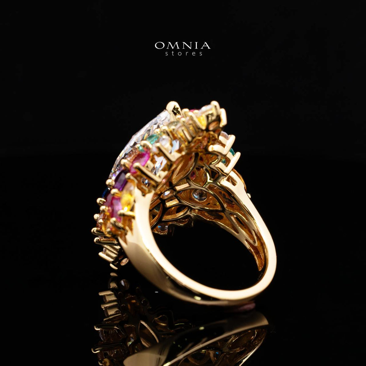 Azelene Royal Marquise Cut Ring with Simulated Diamonds, Multi-Color Crystals, and Certificate in 925 Sterling Silver