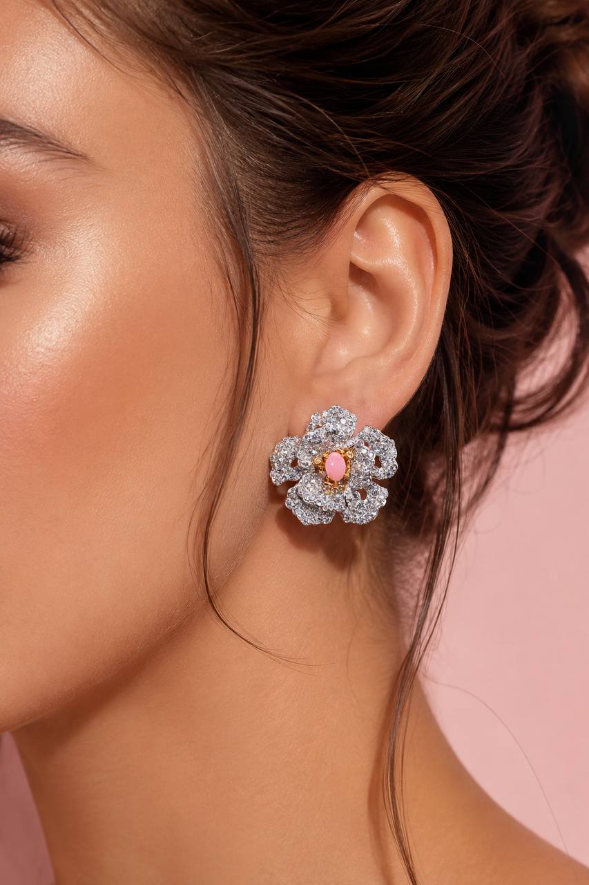 Omnia Sihab Pink Coral Flower Silver Clip Earrings in 925 Silver High Quality White Simulated Diamond Stones