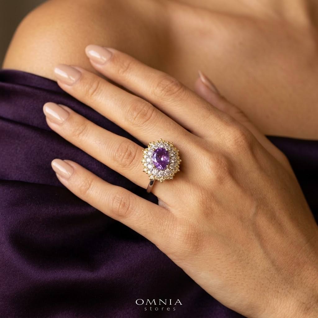 Omnia Faryal Oval Purple Stone Ring in 92.5 Silver with High Quality Simulated Diamonds