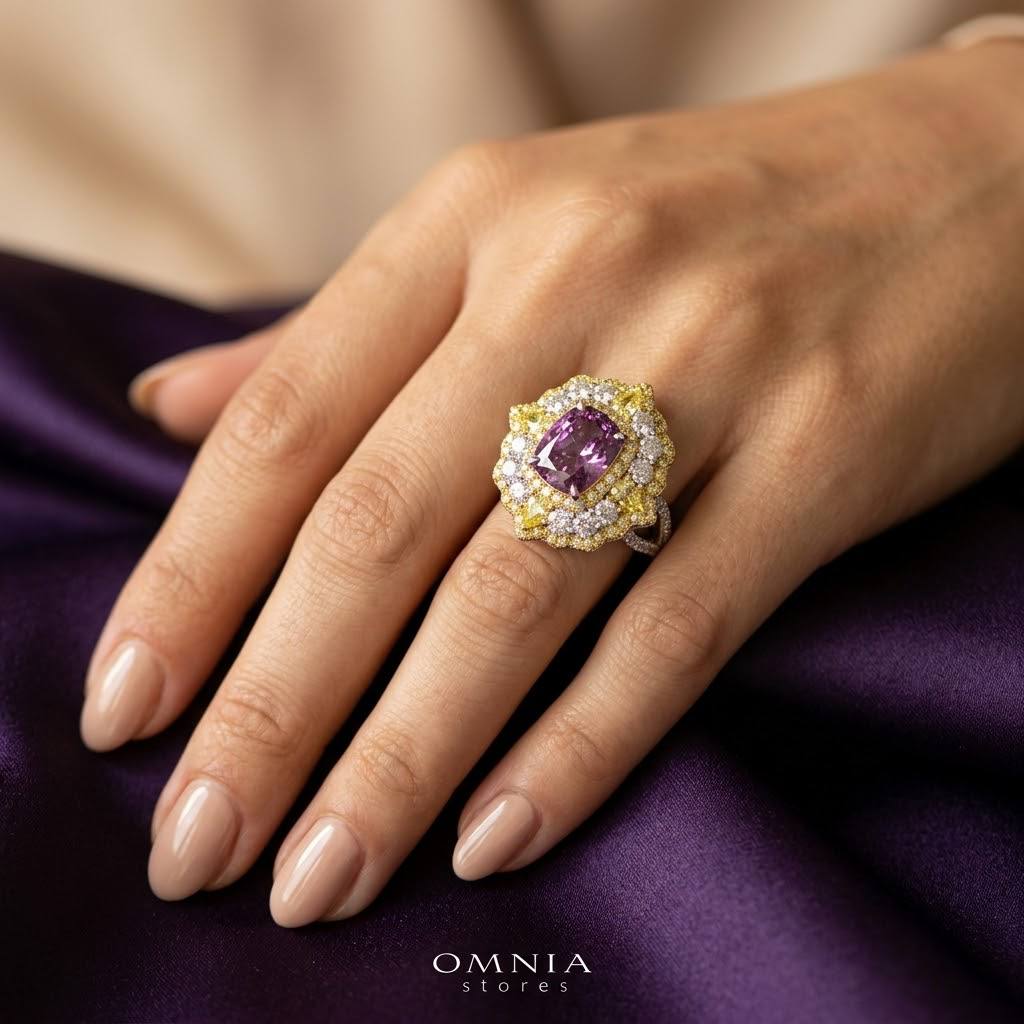 Omnia Maliya Purple Ring in 92.5 Silver High Quality Simulated Diamonds