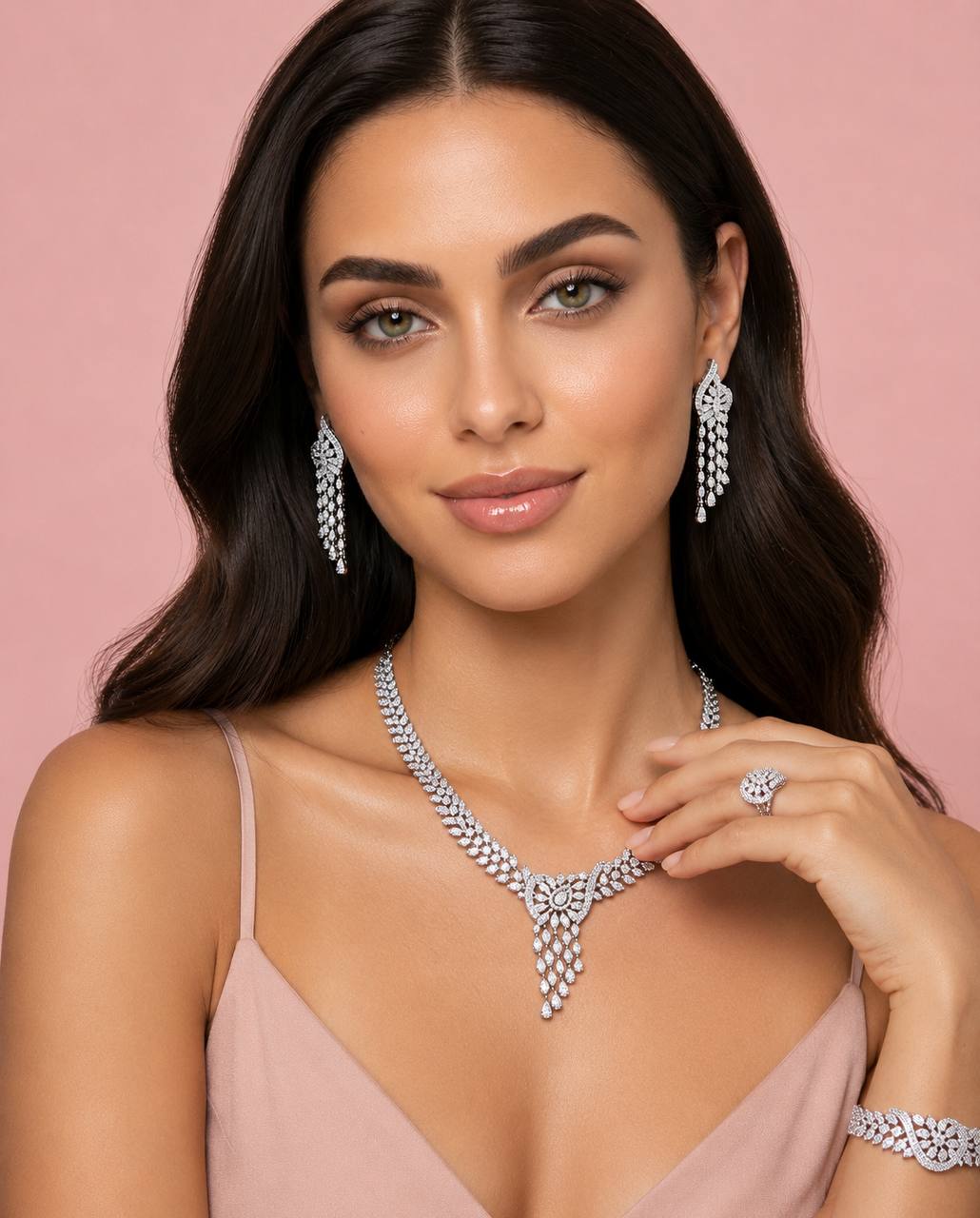 Lorelai White Luxury Bridal Full Set with High-Quality Simulated Diamonds and Rhodium Plating