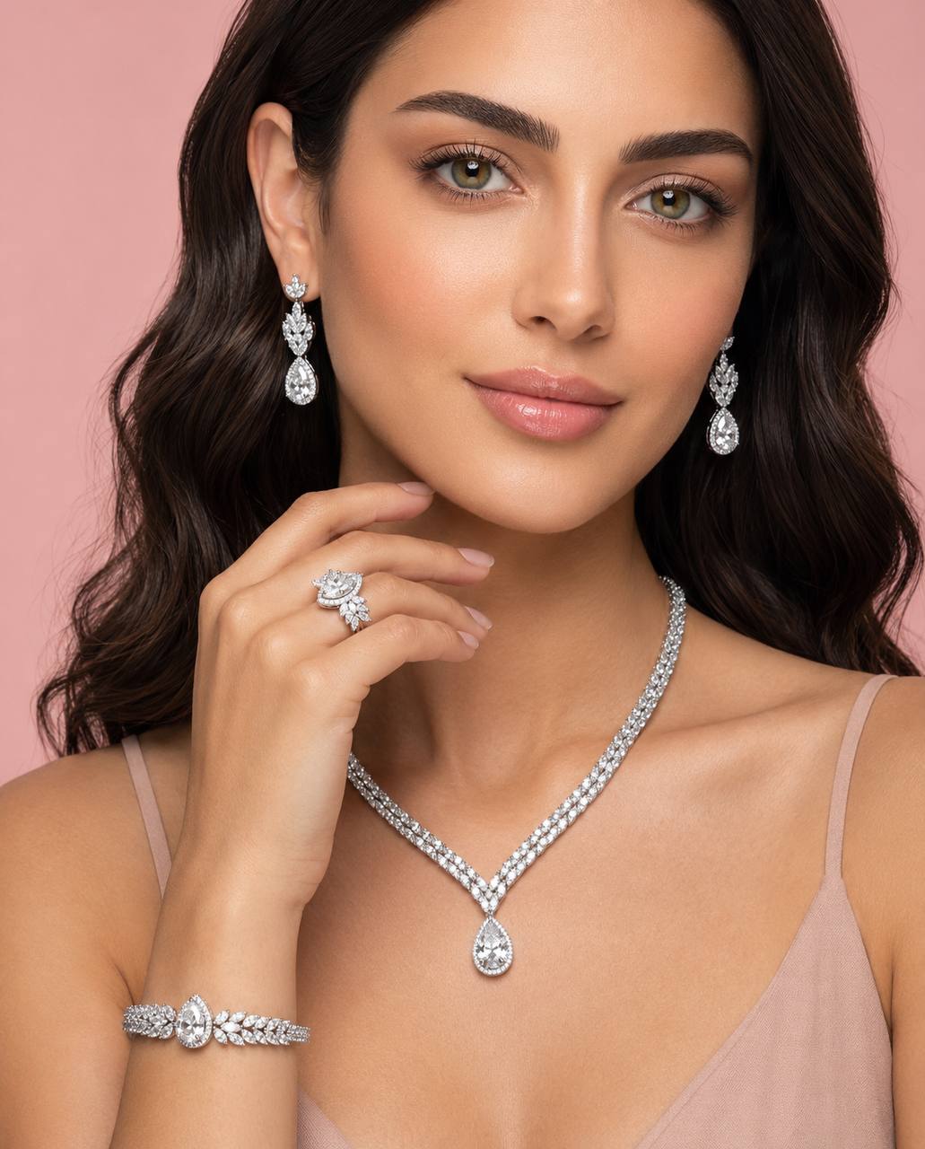 Omnia Aamira Teardrop-Design Bridal Crystal White Full Set with High-Quality Zircon Stones in Rhodium-Plated Finish