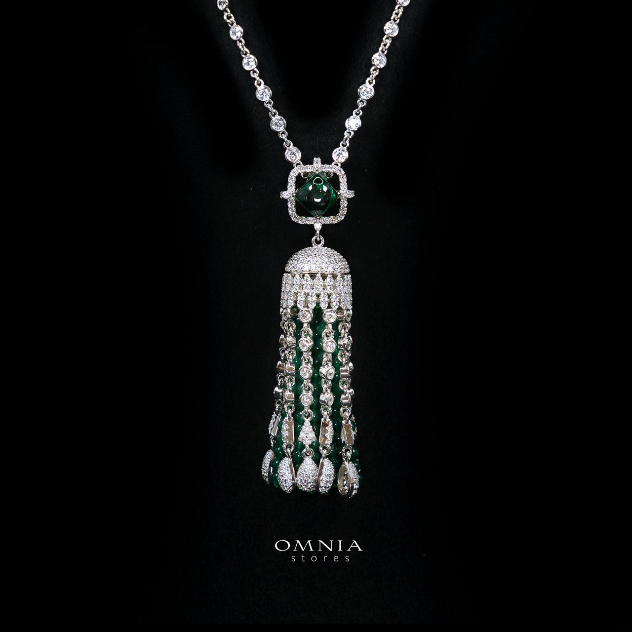 Emaniya Green Long Chain Necklace and Earring Set with High-Quality Premium Simulated Diamonds in 925 Sterling Silver