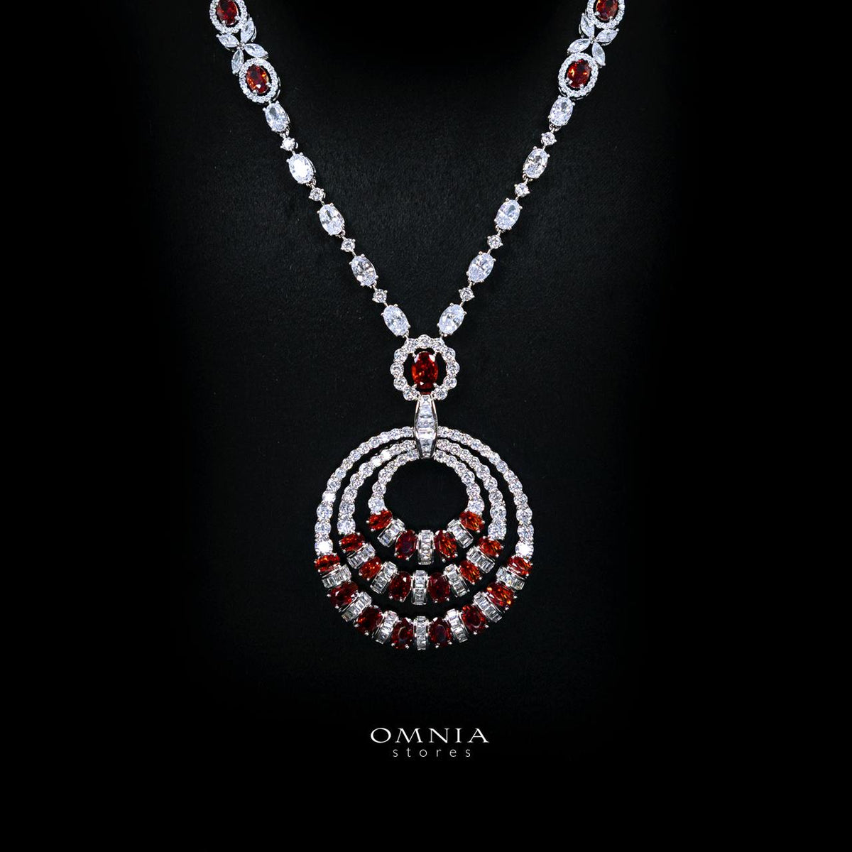 Selestine Red Long Chain Necklace and Earring Set with High-Quality Simulated Diamonds and Rhodium Plating