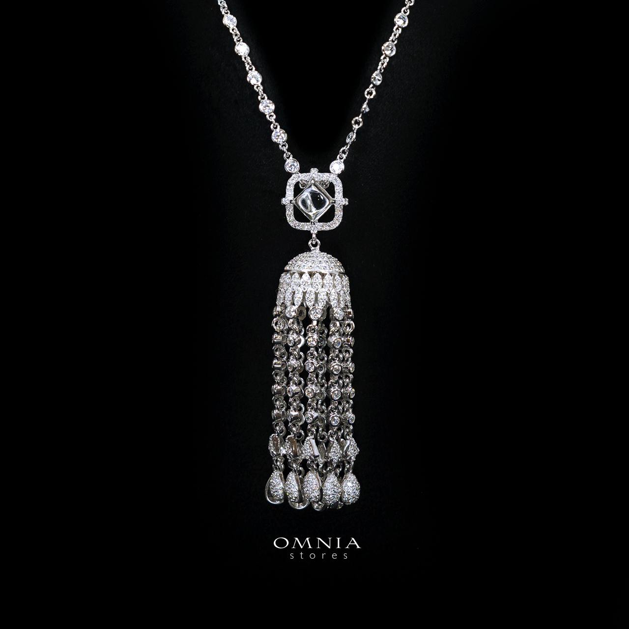 Emaniya White Long Chain Necklace and Earring Set with High-Quality Premium Simulated Diamonds in 925 Sterling Silver