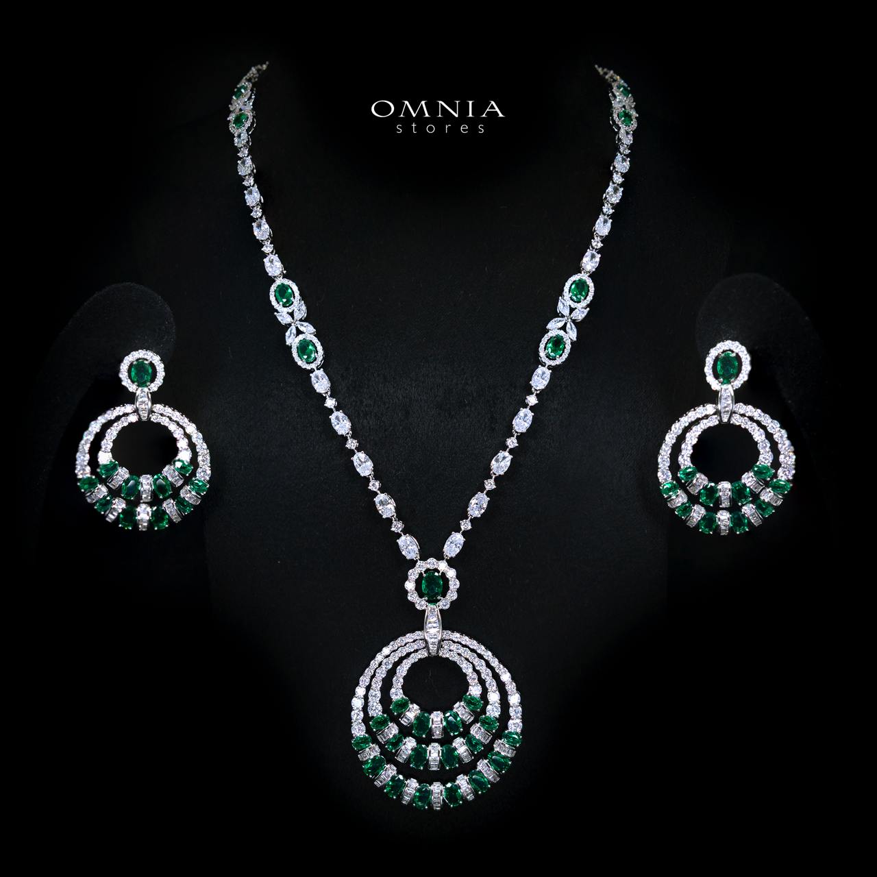Selestine Green Long Chain Necklace and Earring Set with High-Quality Simulated Diamonds and Rhodium Plating