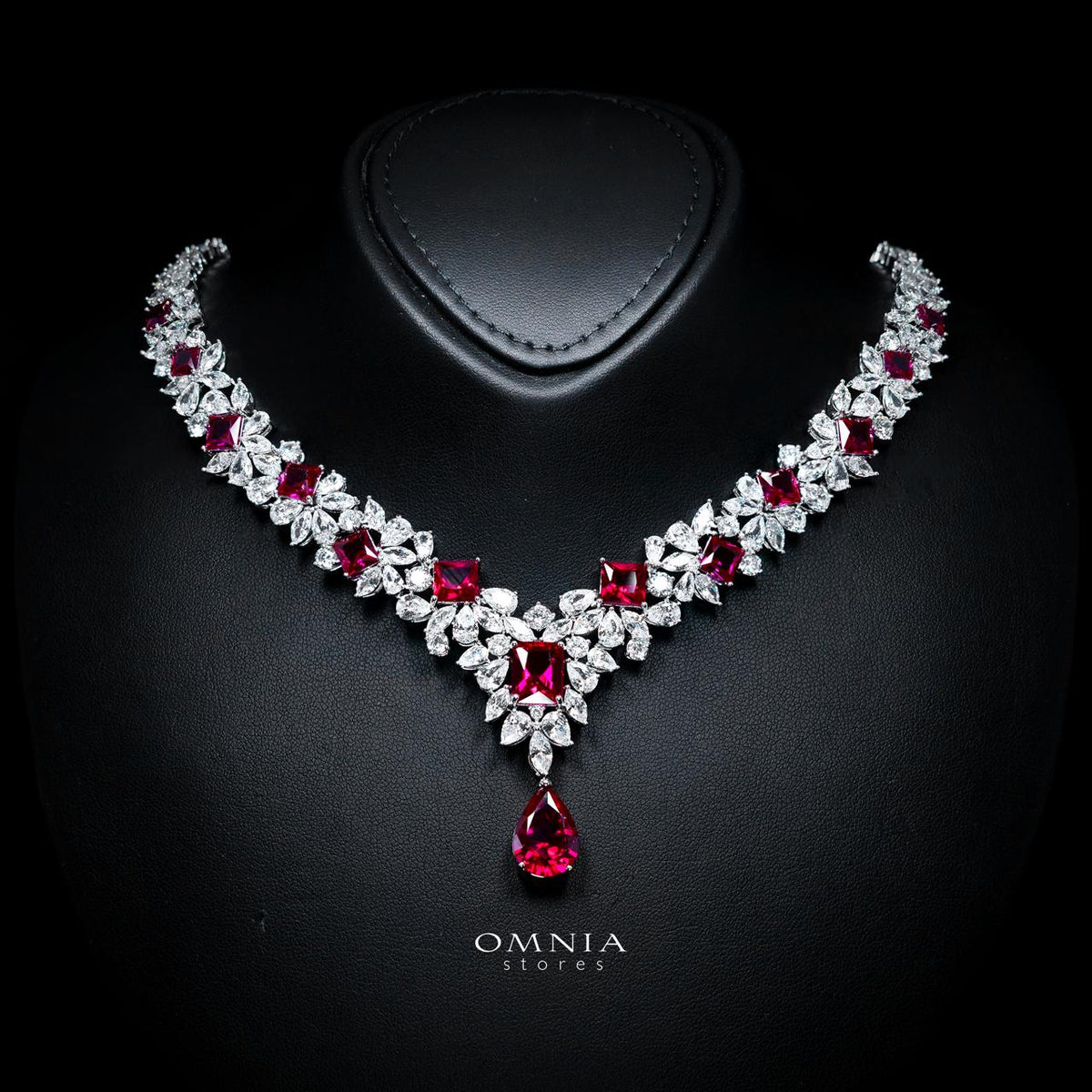 Christine Red Luxury Bridal Full Set with High-Quality Simulated Diamonds – Rhodium Plated