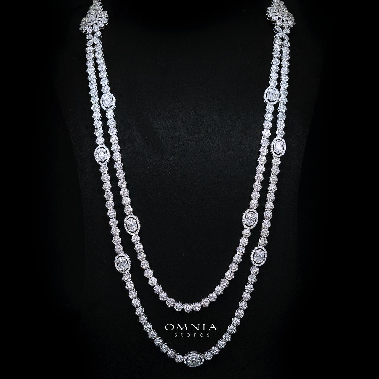 Lumaiza White Long Chain Necklace, Earrings, and Ring Set with High-Quality Simulated Diamonds and Rhodium Plating