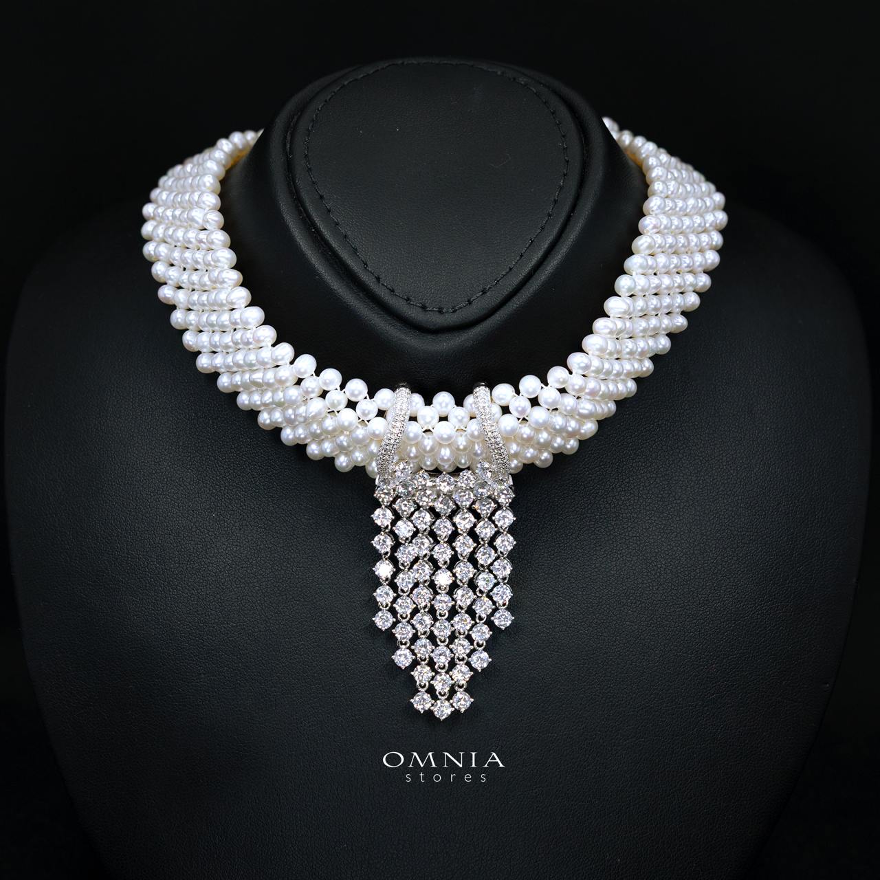 Uzmaira Pearl Necklace and Earrings Set with High-Quality Premium Simulated Diamonds in 925 Sterling Silver