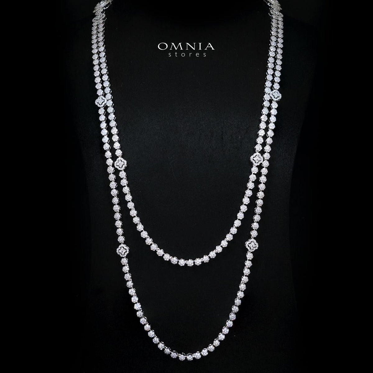 Ismeria White Long Chain Necklace and Earring Set with High-Quality Simulated Diamonds and Rhodium Plating